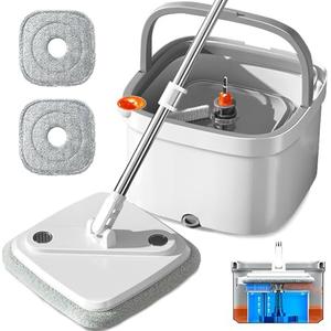 INWEJIA Spin Mop and Bucket Set with Self - Separation System, 360 - Degree Spinning Self - Wringing, Square Cleaning Mop and Bucket with Wringer, with Replaceable Mops (Light Grey - 2 Pads)