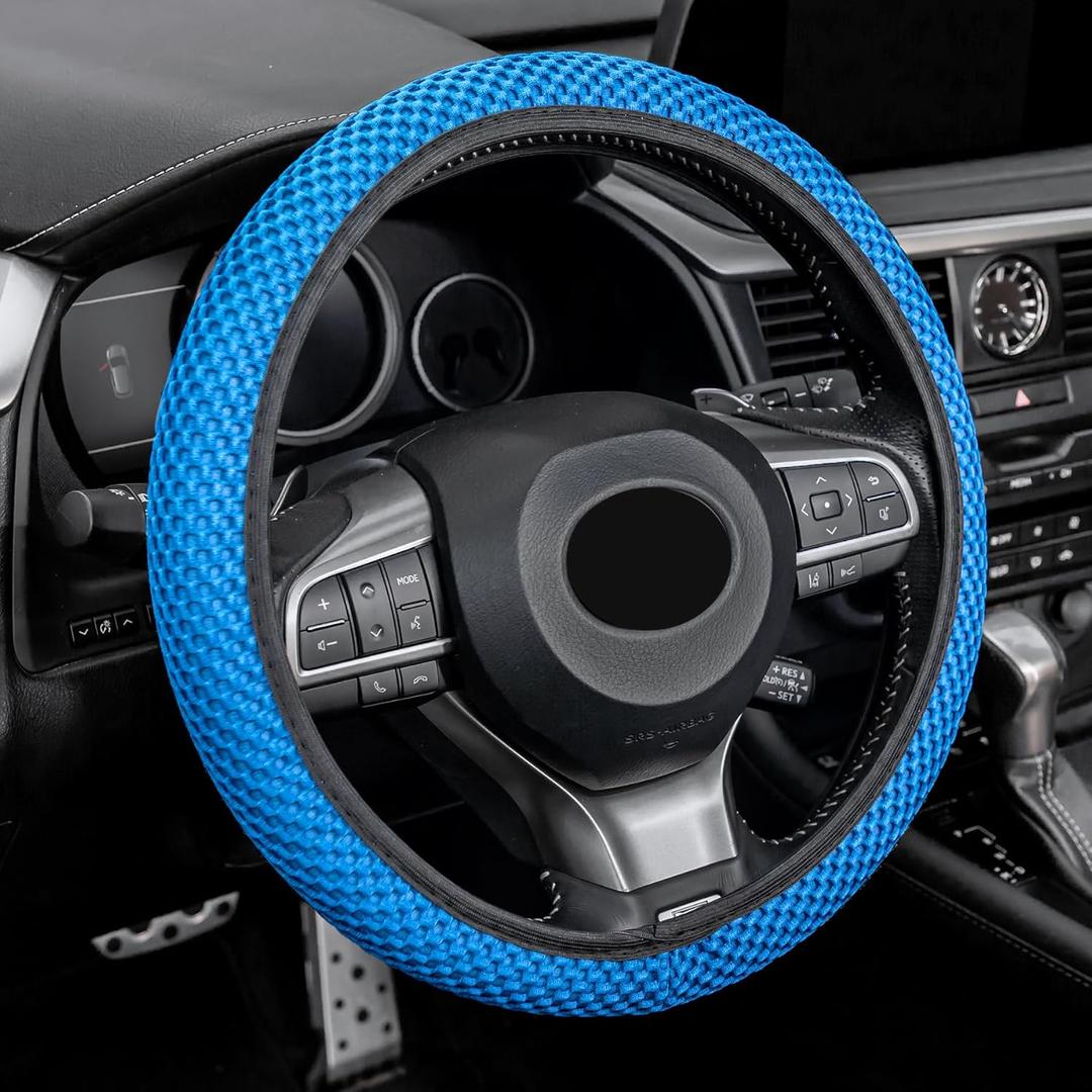 Alpmosn Elastic Stretch Steering Wheel Cover, Universal Interior Accessories Steering Wheel Cover for Women & Men, Breathable Microfiber Ice Silk, Anti-Slip, Odorless, Easy Carry (Blue)