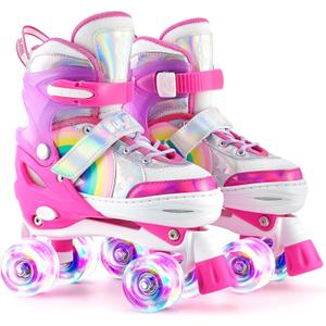 SULIFEEL Rainbow Unicorn 4 Size Adjustable Light up Roller Skates for Girls Boys for Kids (Medium - Big Kid)