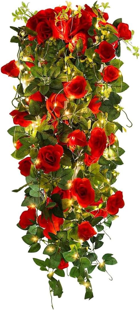 RECUTMS 2PCS Artificial Hanging Rose Fake Flowers Garland with Lights | 37in,Silk Floral Ivy Plants,with 30 LED Lights,Greenery,for Home,Room,Garden,Wedding Arch,Indoor,Outdoor Wall Party Decor
