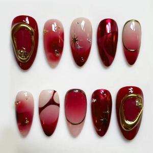 Wine Red Press on Nails Medium Almond Fake Nails Embossed Golden French Tip False Nails with Stars Designs Gradient Acrylic Nails Full Cover Handmade Press on Nails for Women DIY Manicure 30 Pcs