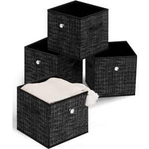 Storage Cubes Fabric Bins - Foldable Cube Storage Bin,Closet Organizer with Decorative Knob,Dual Handles Storage Basket,13 Inch for Nursery/Home Office/Closet 4 Pack (Black Grid)