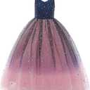 Glamulice Princess Sparkle Tulle Dress Flower Girl Little/Big Girls Wedding Bridesmaid Dresses Pageant Party Ball Gown (7-8 Years, Navy Blue + Pink - Ankle Length & Sparkle Tulle)