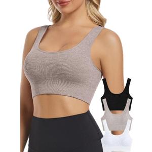 Chilylori Seamless Sports Bras for Women Pack of 3 Ribbed Sports Bra Workout Tops Cropped Tank Top Comfort Padded Yoga (X-Large, 3 Pack-black+white+cream Heather)