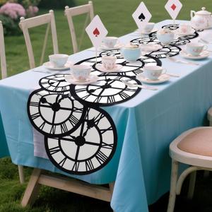 Preboun 2 Pcs Wonderland Tea Party Decoration 15" x 70" Clock Table Runner Decor Wonderland Curious Clock Table Runner Decoration for Birthday Wedding Dinner Party Favor Supplies (Black and White)