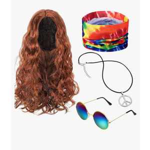 WILLBOND 4 Pieces Hippie Costume Set, Wig Peace Sign Necklace Sunglasses and Tie Dye Headband Pride 60s 70s Accessories (Brown,Wavy Hair)