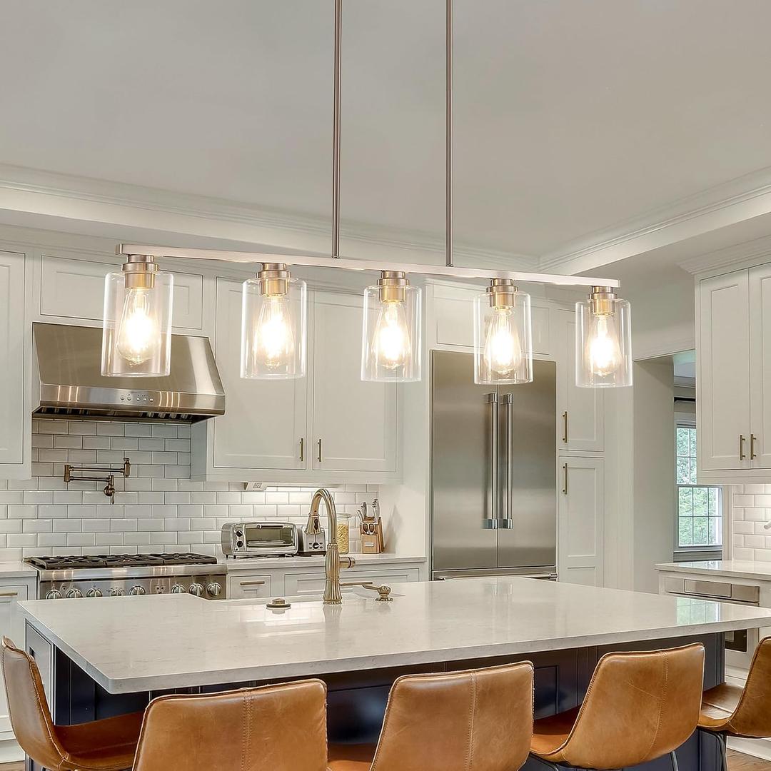 Mecgirn Island Light for Kitchen, Brushed Nickel Dining Room Light Fixture Over Table, 5-Light Linear Chandelier Pendant Lighting for Dining Table Kitchen Island Living Room, 5 Light + Clear Glass