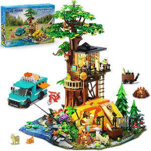Camping Tree House Building Set with Lights, 1715 PCS Campground 3.6MM Mini Building Block Toy with Tent Camper Van for Home Office Decor, Birthdays Gift for Adults Teens Kids Boys Girls 12+