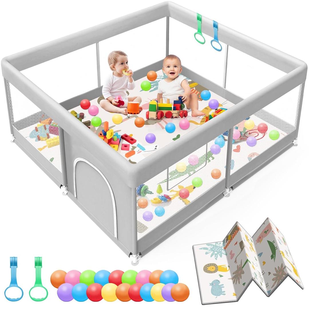 Baby Playpen with Mat, 50x50 Inch Playpen with Mat Waterproof for Babies and Toddlers Play Pen Playards Safety Gate Fence Active Center Indoor (Dark Grey + Mat)