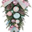 Hollyone Pink Christmas Swag 29" Candy Cane Wreath with Bow Christmas Swags for Decorating Outdoor Indoor Teardrop Swag for Front Door Window Swags with Pine Cone Xmas Ball Ornament Home Hanging Decor