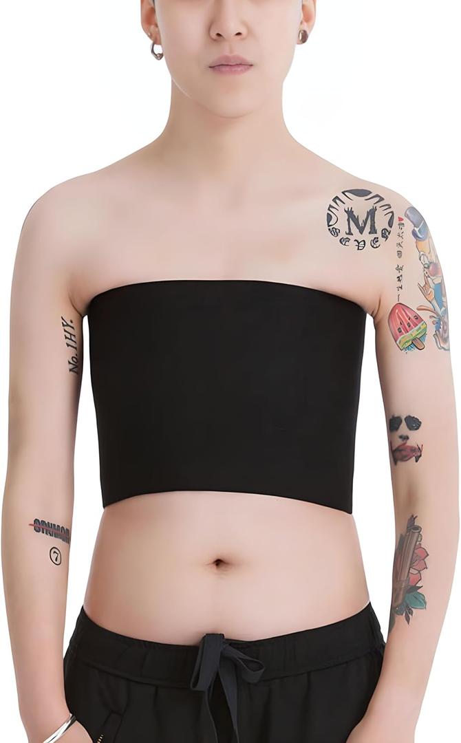 Tomboy Trans Lesbian Strapless Plus Size Chest Binder Top with 20 CM Elastic Band (Black, XXXL)