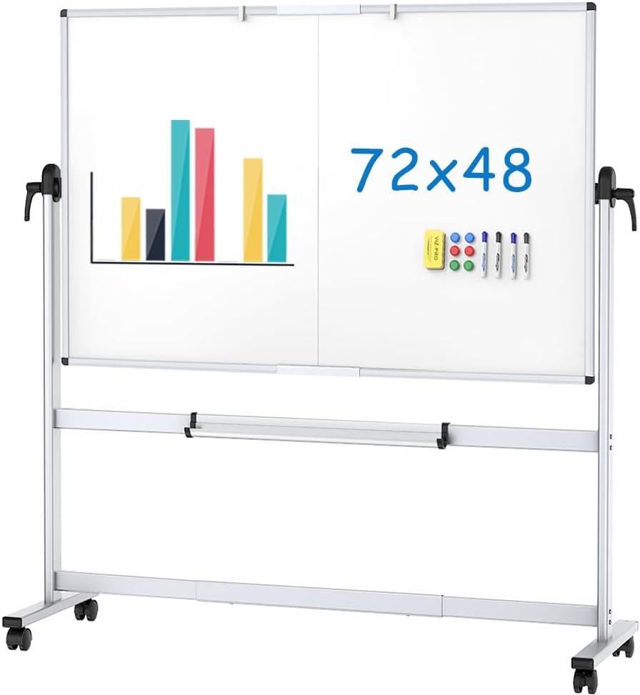 VIZ-PRO Double-Sided Mobile Whiteboard, 72 x 48 Inches, Magnetic Rolling Dry Erase White Board on Wheels with 1 Dry Eraser & 16 Markers & 6 Magnets
