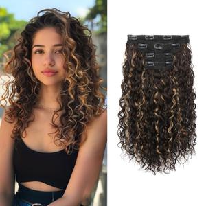 FLUFYMOOZ 4PC Clip in Hair Extensions, 14 Inch 100 Pure Protein Silk Short Hairpiece Deep Curly Wavy Hair Extensions Clip in Natural Soft Hairpiece for Women-Brown with Deep Blonde Highlights
