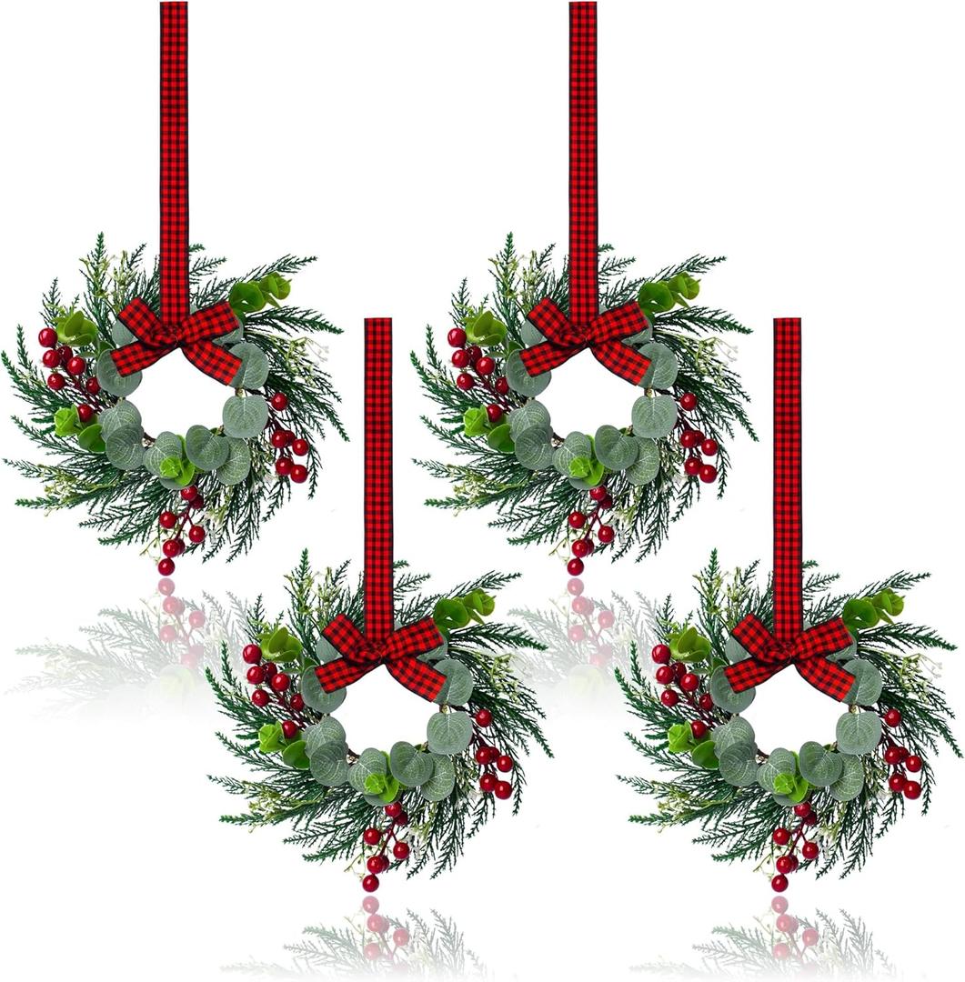 Small Christmas Wreaths 4Pcs, 10 Inch Mini Wreaths for Kitchen Cabinets, Christmas Door Wreath, Small Christmas Wreath for Fireplace Window Farmhouse Indoor Home Decorations