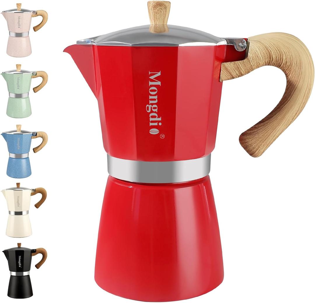 Mongdio Stovetop Espresso Maker Moka Pot, Cuban Coffee Maker Stove top coffee maker Moka Italian Espresso Greca Coffee Maker Brewer Percolator, 9 Espresso Cups, 15 oz - Red