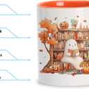 Hyturtle Fall Coffee Mug, Cute Ghost Reading Book Mug, Maple Leaves Pumpkin Autumn Gifts For Men Women On Birthday Thanksgiving Christmas, Book Lovers Gifts, 11oz White Orange Ceramic Coffee Tea Cup