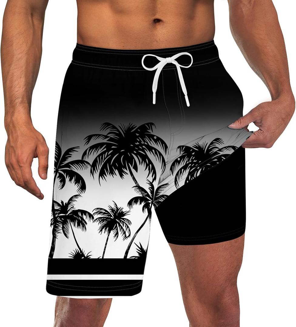 Goodstoworld Men's Funny Swim Trunks with Compression Liner 2 in 1 Quick-Dry 9" Stretch Shorts with Three Pockets (M)