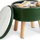 IBUYKE 13 Inch Foot Stool Ottoman with Storage, Round Small Foot Rest with Padded Seat and Wood Legs, PU Faux Leather Mini Footstool for Living Room Couch Bedroom Entryway, Dark-Green WBD023GR