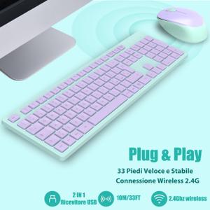 LeadsaiL Wireless Keyboard and Mouse Combo, Full-Sized Ergonomic Computer Keyboard, 2.4GHz Cordless Keyboard Silent Mouse Set with 2-in-1 USB Receiver, 12 FN Shortcuts for Windows Laptop, PC/Mac- Purple / Turquoise
