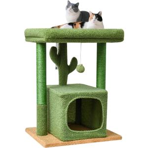 SYANDLVY 27" Cactus Cat Tree for Indoor Cats, Green Activity Tower with Scratching Posts, Modern Kitten Condo with Plush Perch & Hanging Ball for Play