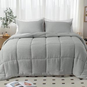 KASENTEX Crinkle Comforter Set King Size,Fluffy Lightweight 3-Piece Bed Set,Soft Warm Down Alternative Duvet Insert,Breathable Muslin Comforter,Machine Washable, All-Season, Silver Gray