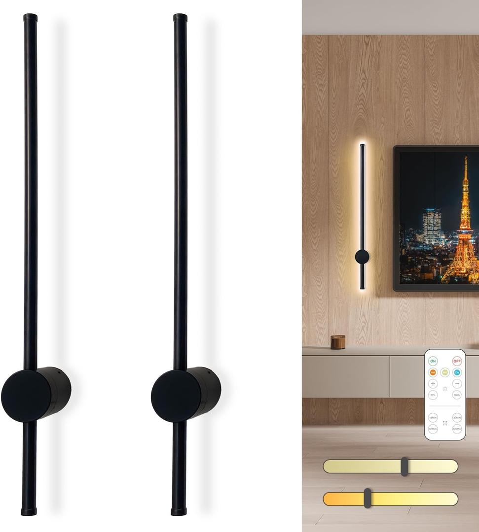 Battery Operated Wall Sconces Set of Two, USB Rechargeable Wall Lights with Remote Control, Dimmable Wireless Wall Lamp, 3 Color Mood Light for Hallway Living Room Bedroom