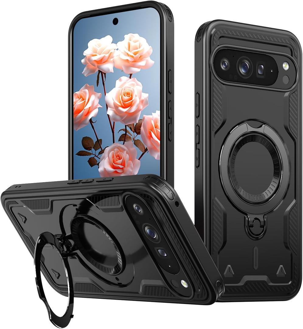 360Rotatable Magnetic Ring for Google Pixel 9 Pro XL Case [Compatible with MagSafe] Build in Invisible Stand [Drop Protection] Shockproof Military-Grade Protection Anti-Fingerprint, Black