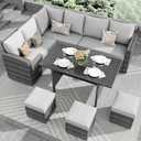 IDEALHOUSE 7 Pieces Outdoor Dining Set,Patio Sectional Sofa Conversation Set All Weather Wicker Rattan Couch Dining Table & Chair with Ottoman (Grey Rattan + Grey Cushions)