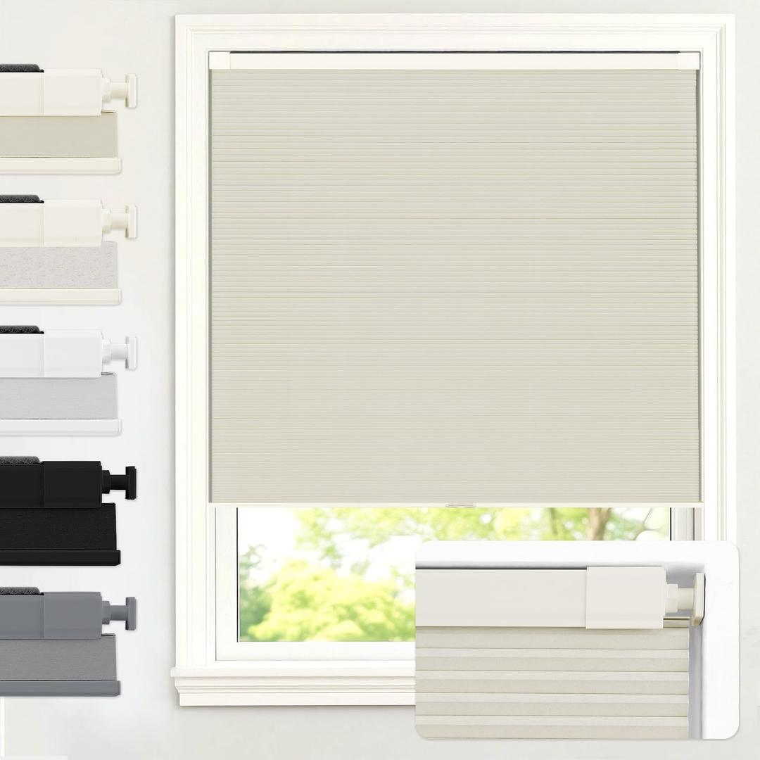 AOSKY 100% Blackout No Drill Cellular Shades Blinds for Indoor Windows, No Tools Thermal Insulated Black Out Cordless Honeycomb Blinds for Bedroom Living Room Window, 36" W x 64" H, Beige