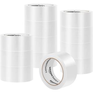 Amazon Basics Strong Plastic Adhesive Packing Tape for Shipping, Sealing Boxes, Moving and Storage, Clear, Low Odor, 1.88 in x 54.6 yds, 12-Pack