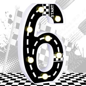Pack of 2, Racing Car Light Up Numbers Checkered Decorations Happy Birthday Light Up Sign Racetrack Inspired Decor Cars Theme Party Supplies (Number 6)