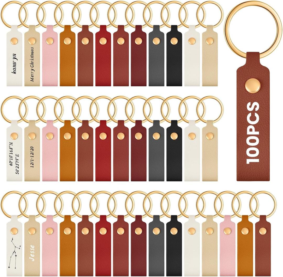Wavyknot 100 Pcs PU Leather Keychain Blanks Bulk Laser Engraving Blanks Keychain Kit with Key Rings for DIY Key Chains Craft(3.7 x 0.7 Inches,Multicolor)