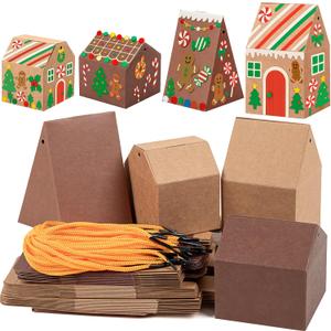 80UncleKimby 50Pcs Christmas Gingerbread House Kit Cardboard House-Shaped Cookie Gift Boxes with Twine for DIY Crafts Holiday Party Favors Bulk Supplies (4 Styles)