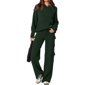 REORIA Women 2 Piece Knit Sweater Set Lounge Hoodie & Cargo Pants Outfit for Fall Winter 2024 Travel Style (Green, M)