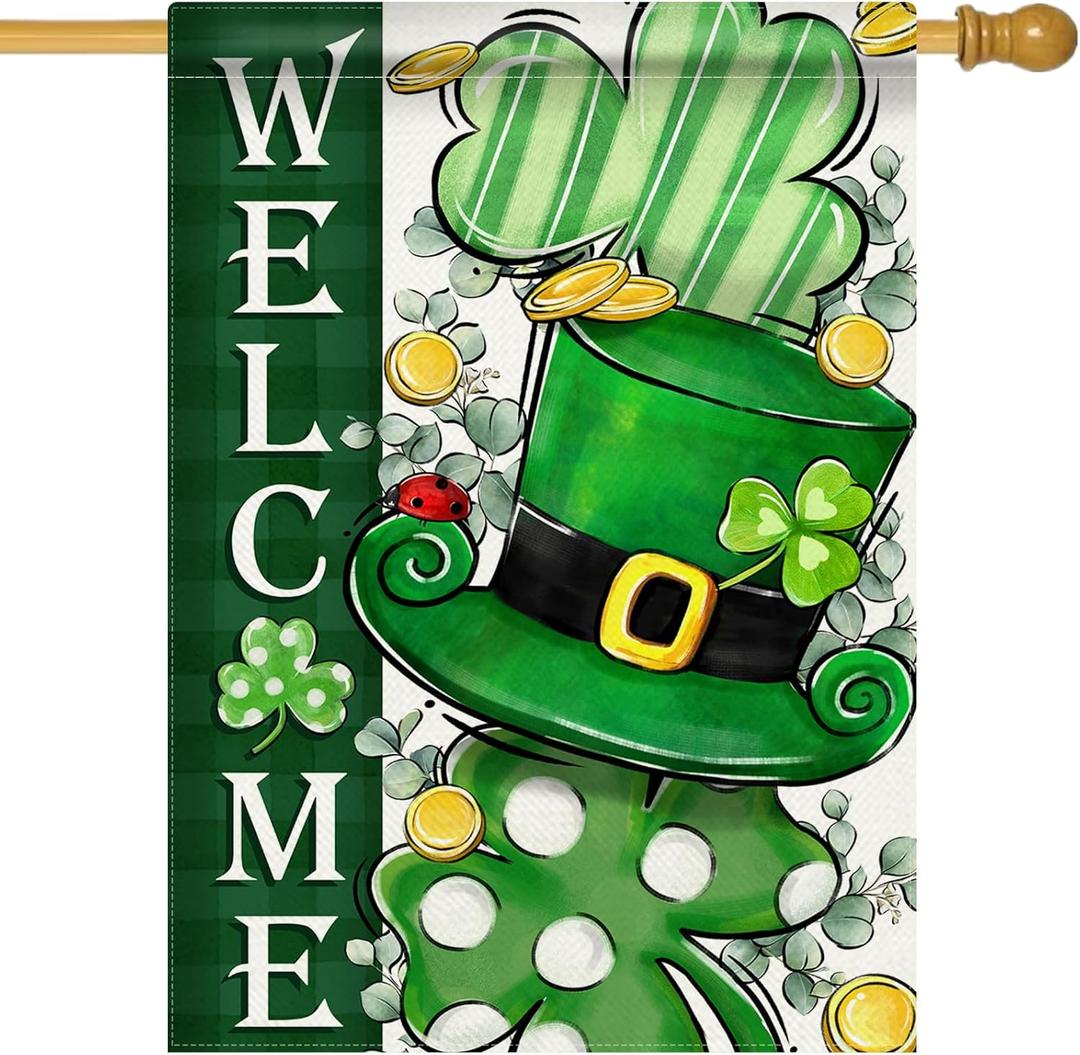 Welcome St Patricks Day Shamrock Clover Decorative House Flag, Green Hat Polka Dot Stripe Gold Garden Yard Outside Decorations, Irish Spring Holiday Outdoor Large Home Decor Double Sided 28x40 (Lucky Grass and Hat)