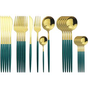 Gold Silverware Set, 24-Piece Stainless Steel Flatware Set Service For 6, Mirror Polished Green Handle Tableware Cutlery Set Knife Fork And Spoon For Home & Restaurant, Dishwasher Safe