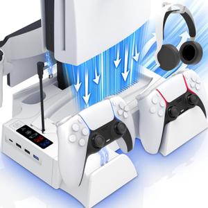 PS5 / PS5 Slim Cooling Station with PlayStation Portal and Controller Charging Station, Cooling Stand for PlayStation 5, PS 5 Portal Charger Dock Accessories with Cooler Fan, Headset Holder, 4 USB Hub