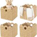 4 Pcs 12x12 Scalloped Wicker Storage Cubes - Woven Paper Rope Storage Baskets, Foldable Square Bins with Handles, Collapsible Containers for Shelves, Closets, 11.8×11.8×11.8"