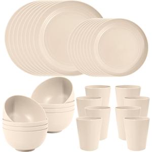 LIYH 32 Pcs Beige Wheat Straw Dinnerware Set for 8, Plastic Plates and Bowls Set, Unbreakable Dishes Set for 8, Dishwasher & Microwave Safe Reusable