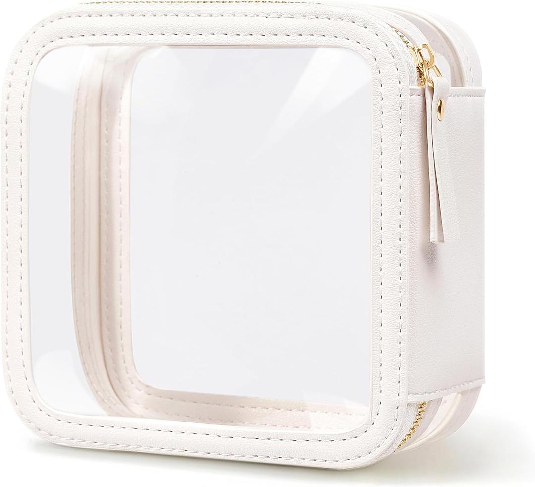 Clear Makeup Bag Travel Size Toiletry Bag Organizer Case Quality PU Leather Transparent Small Cosmetic Bag Car Bag for Essentials with Durable Zipper (White)