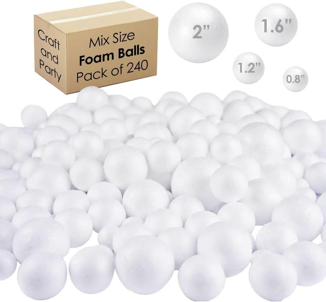 Evershine 240 Pack Craft Foam Ball, White Smooth Craft Foam Polystyrene Balls for DIY Craft and Art School Project Sizes: .8, 1.2, 1.6, 2
