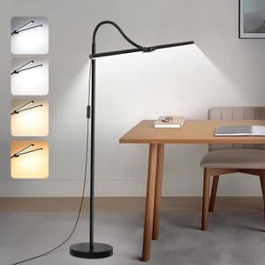 LED Floor Lamp, 18W/2000LM Bright Reading Floor Lamp for Office with Double Head, Adjustable Gooseneck Dimmable Modern Standing Light for Lash Extension Craft, Eye Caring Floor Lamps for Living Room (Black)