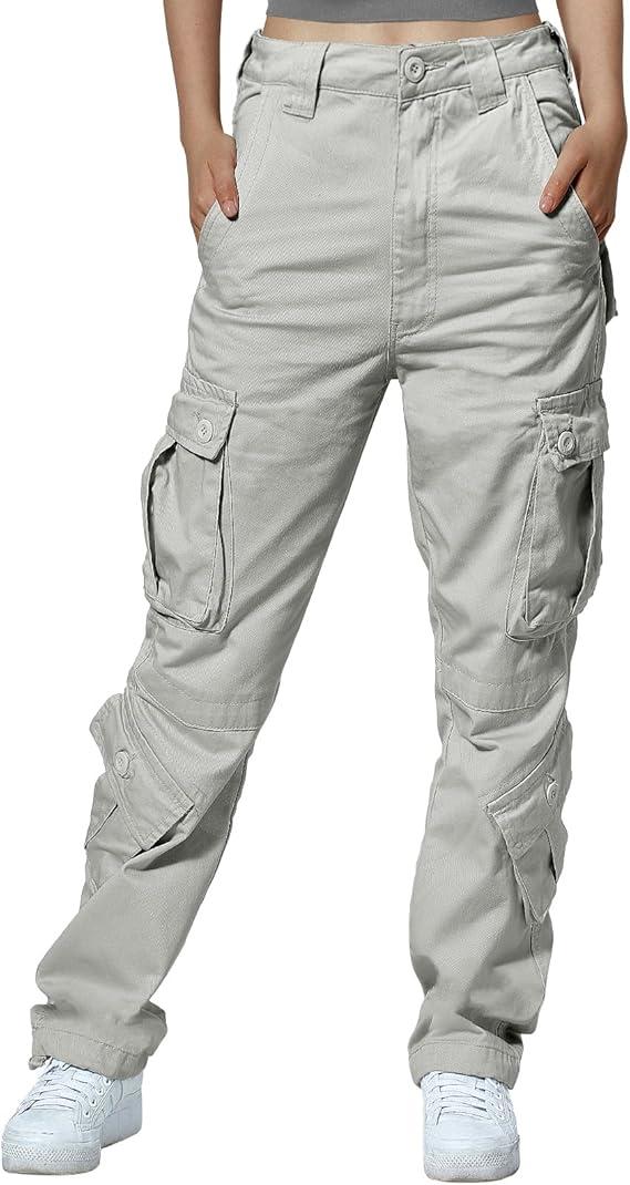 Match Cargo Pants Women,Hiking Pants Baggy Fit Joggers Cotton Casual Military Army Combat Work Pants with 8 Pockets (S, Light Gray)