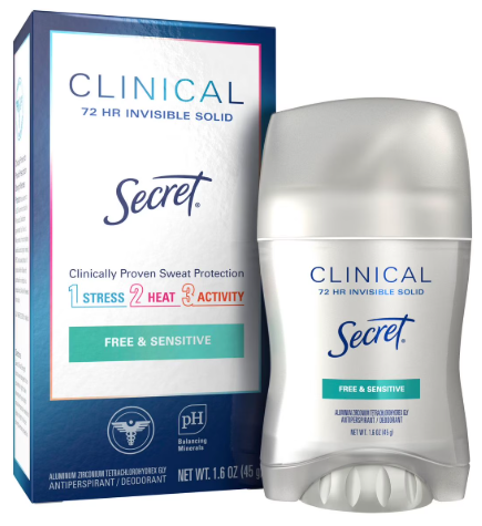Secret Clinical Strength Invisible Solid Antiperspirant and Deodorant for Women - Free Sensitive - 1.6oz 