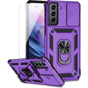 for Samsung Galaxy S21 FE 5G Case with Camera Lens Cover HD Screen Protector, Military-Grade Drop Tested Magnetic Ring Holder Kickstand Protective Phone Case for Samsung Galaxy S21 FE 5G (Purple)