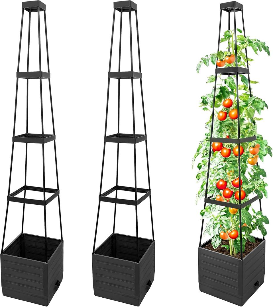 SYITCUN Tomato Planter with Trellis, 57 Inch Self-Watering Planter Box 2-Pack, Grey Planter with Metal Support for Outdoor Indoor Climbing Plants