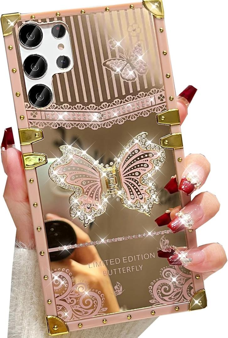 Changjia for Samsung Galaxy S24 Ultra Glitter Kickstand Case,Cute Luxury Bling Sparkly Diamond Butterfly Foldable Stand Mirror Back Elegant Shockproof Women Girls Phone Case for Galaxy S24 Ultra,Pink