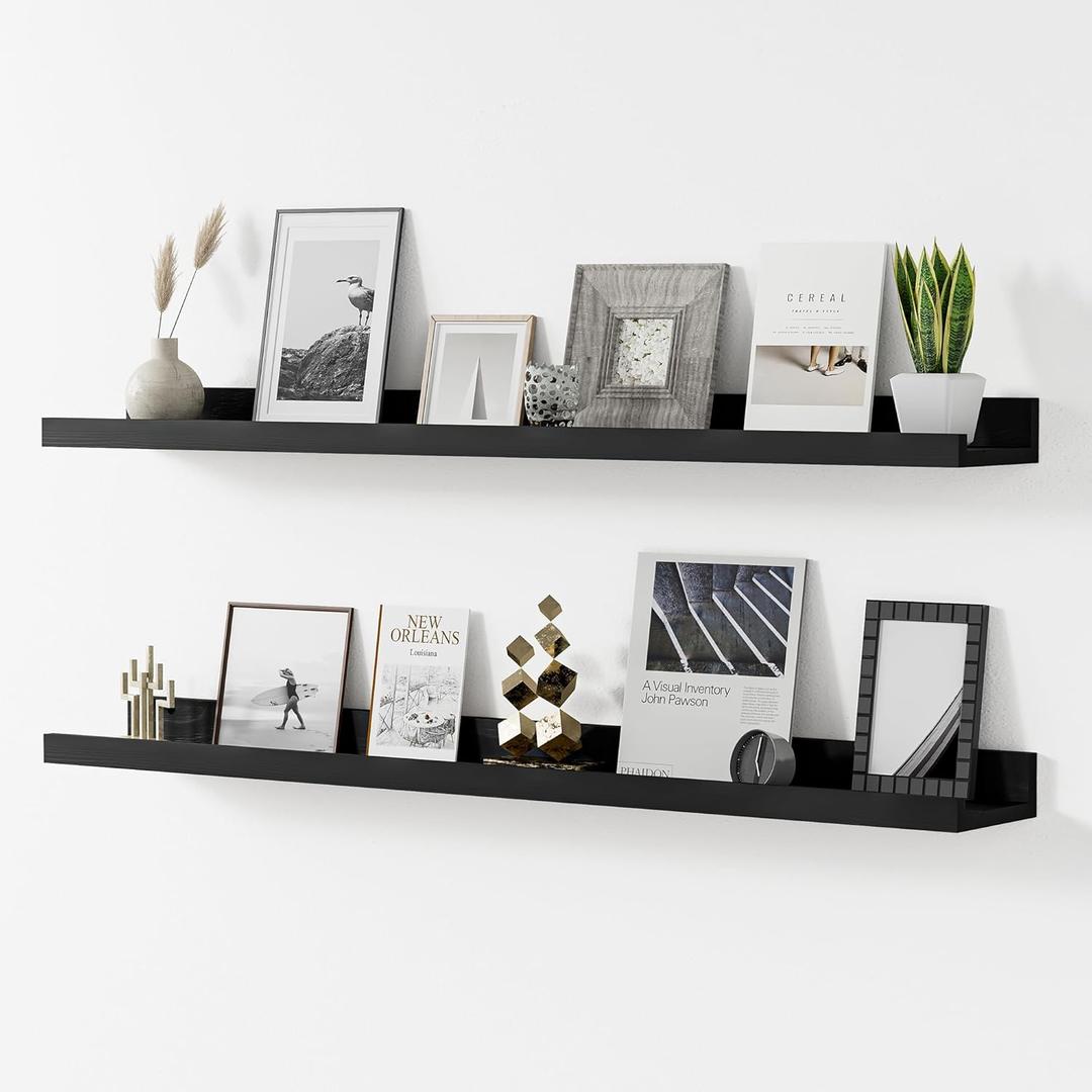 Floating Shelves for Wall, 36 inch Solid Wood Picture Ledge Shelf, Picture Shelf for Wall with Ledge, Floating Book Shelves for Living Room Bedroom Kitchen Nursery Decor, Black, Set of 2