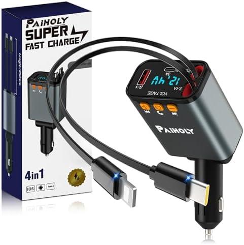 [2025 Compact] Bluetooth 5.3 Car Adapter, FM Transmitter Bluetooth Car Charger, 4 in 1 Retractable Car Charger for Phone, USB C Fast Charging Adapter for RV SUV Truck, iPhone 16/15/14/13