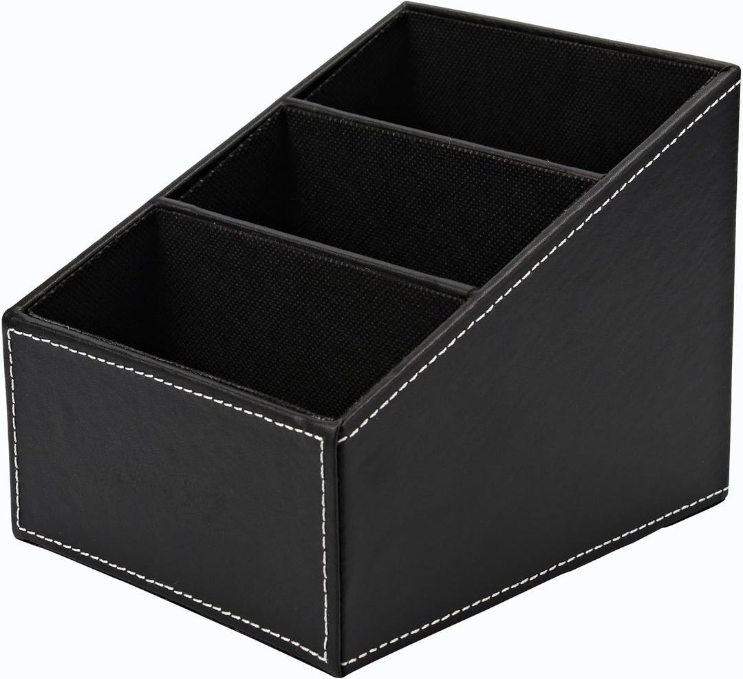 Remote Control Holder/Storage Caddy | Desk & Makeup Organiser | 3 Compartments - For Remotes, Tablet PC/eBook, Office Supplies & Gaming Controllers | Phone Holder | PU Vegan Leather